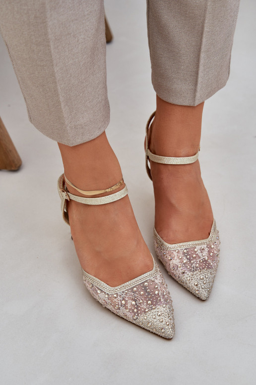 Zdobené Boty na vysokém podpatku s otevřenou patou zlaté barvy Nanadra