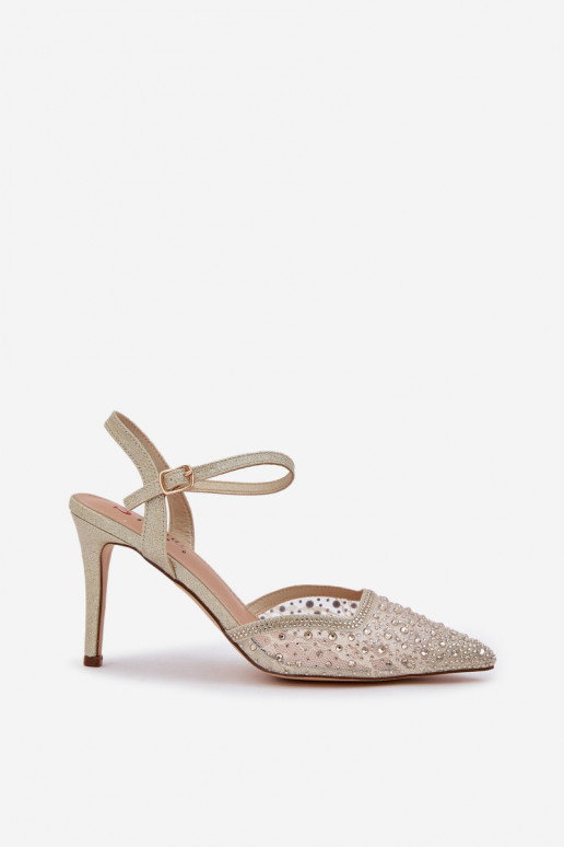 Zdobené Boty na vysokém podpatku s otevřenou patou zlaté barvy Nanadra