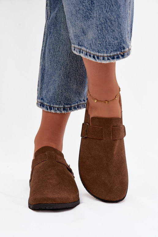 Pantofle   i s platformou s přezkami hnědá Selio