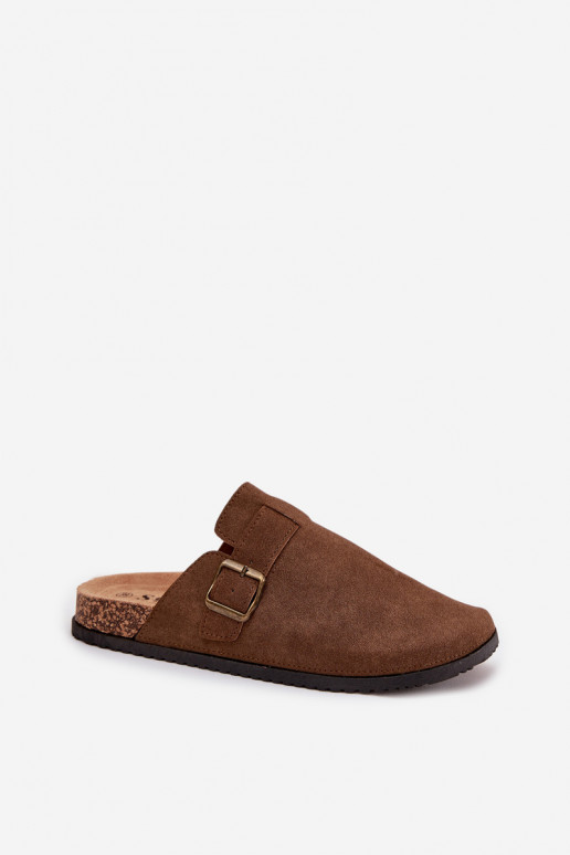 Pantofle   i s platformou s přezkami hnědá Selio