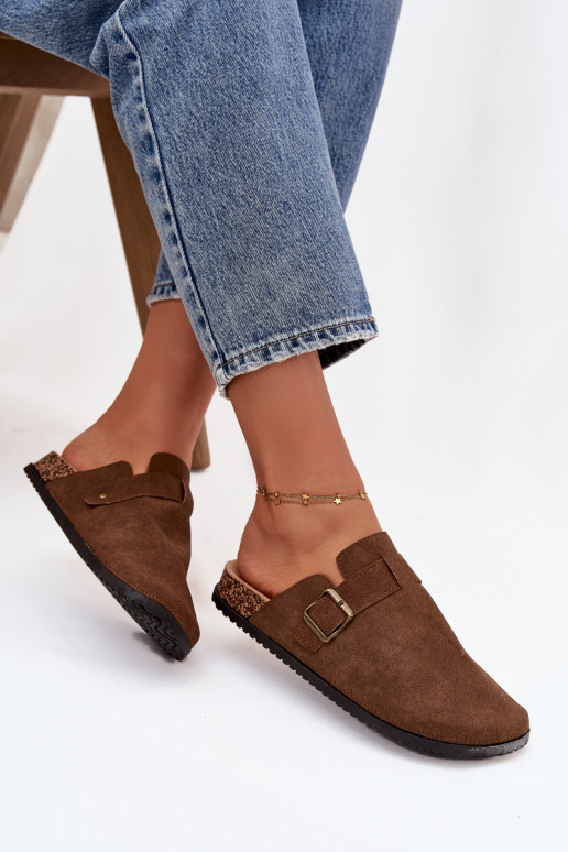 Pantofle   i s platformou s přezkami hnědá Selio