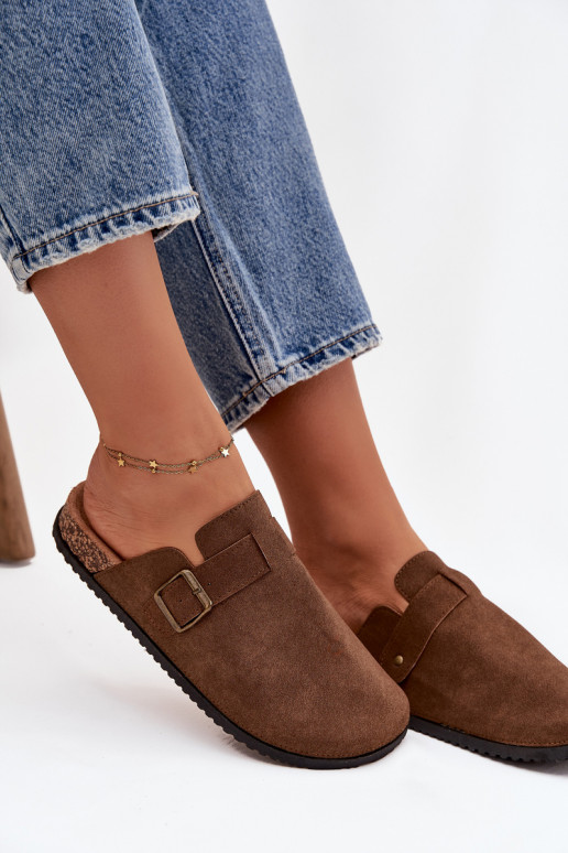 Pantofle   i s platformou s přezkami hnědá Selio