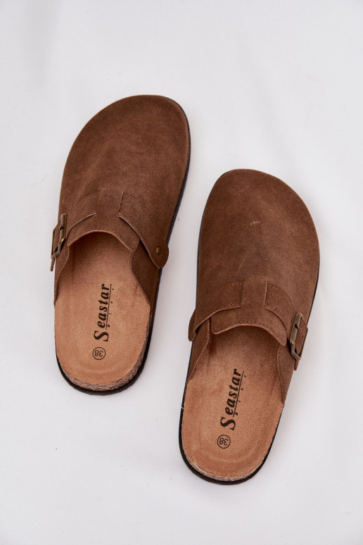 Pantofle   i s platformou s přezkami hnědá Selio