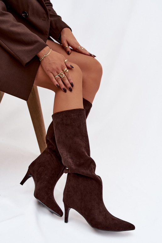 dámské dlouhé boty Slip-on vzor zateplené s tenkými podpatky Czekoladowe Olivienne