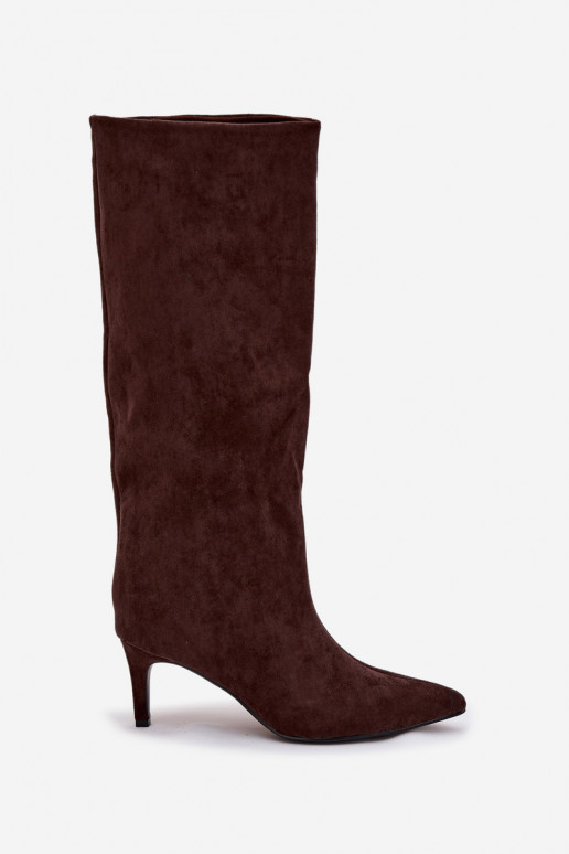 dámské dlouhé boty Slip-on vzor zateplené s tenkými podpatky Czekoladowe Olivienne