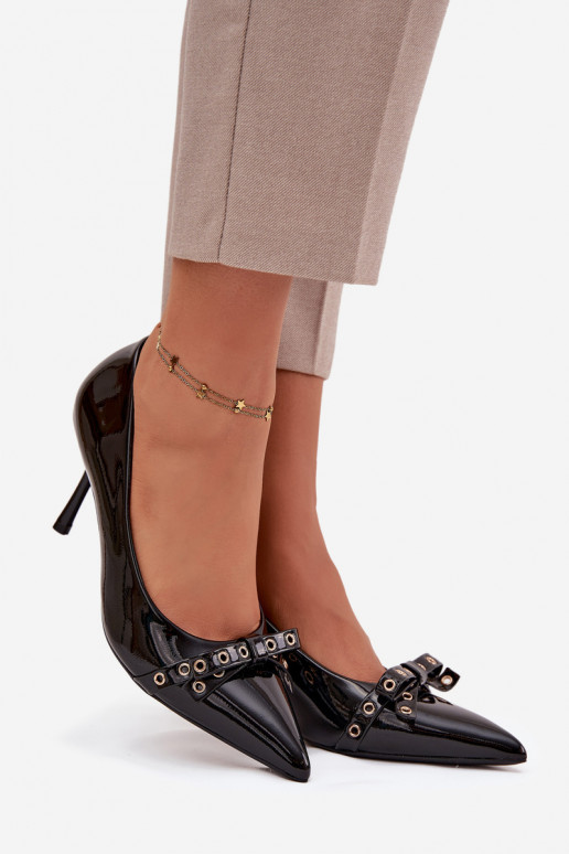 s efektem laku Boty na vysokém podpatku se stuhami Černé Janisse