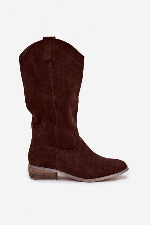 dlouhé boty kovbojský styl na nízkém podpatku Z z eko semišeu Czekoladowe Cherrie
