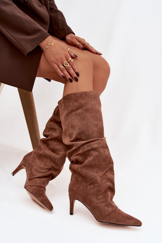  dlouhé boty s tenkými podpatky Z z eko semišeu zateplené béžové Mavella