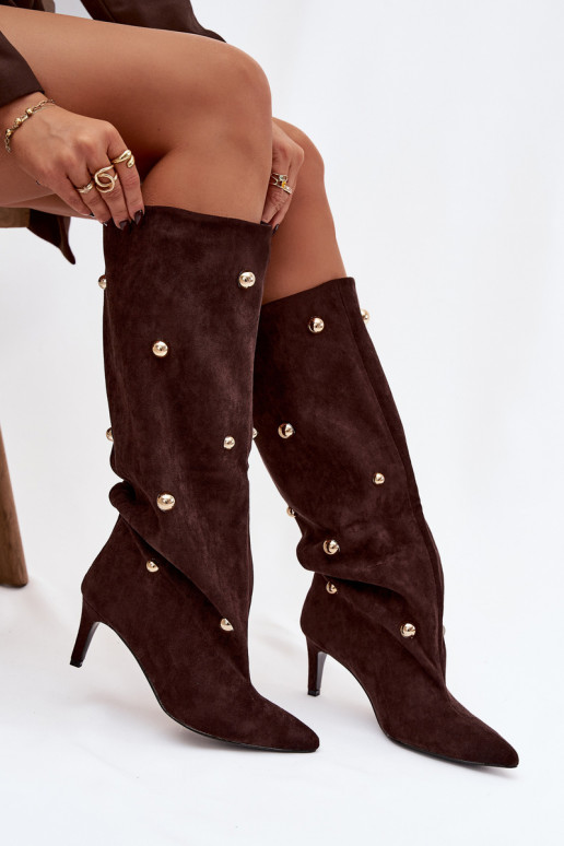 Slip-on vzor dámské dlouhé boty s tenkými podpatky Ze zlaté barvymi Ozdobami Czekoladowe Thaliane