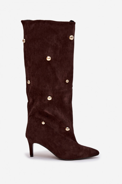 Slip-on vzor dámské dlouhé boty s tenkými podpatky Ze zlaté barvymi Ozdobami Czekoladowe Thaliane