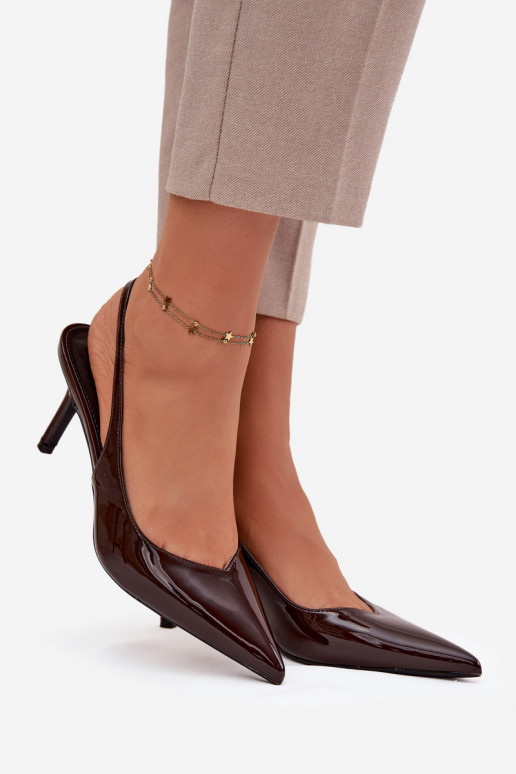 s efektem laku Obuv s tenkými podpatky Czekoladowe Phelia