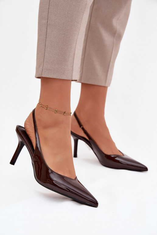 s efektem laku Obuv s tenkými podpatky Czekoladowe Phelia