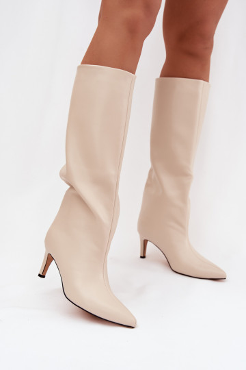 dámské dlouhé boty Slip-on vzor zateplené s tenkými podpatky slonová kost Olivienne