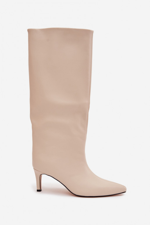 dámské dlouhé boty Slip-on vzor zateplené s tenkými podpatky slonová kost Olivienne