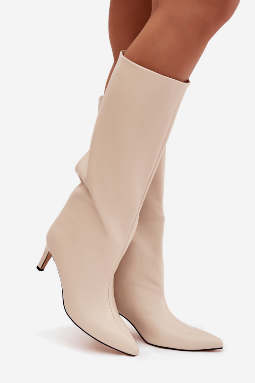 dámské dlouhé boty Slip-on vzor zateplené s tenkými podpatky slonová kost Olivienne