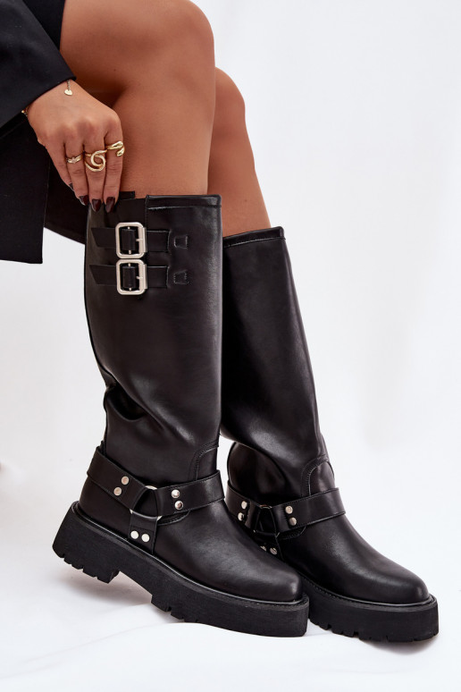  dámské dlouhé boty s přezkami zateplené Big Star OO274A180 Černé