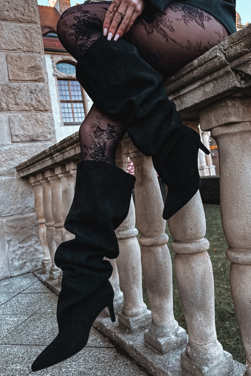 dámské dlouhé boty s tenkými podpatky Slip-on vzor Černé Mavilla