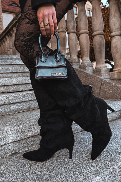  dlouhé boty s tenkými podpatky Z z eko semišeu zateplené Černé Mavella