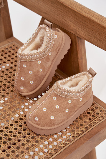 Sněhule Dětské Z s květinovými motivyuszkami zateplené s kožešinou uvnitř béžové Palina 2