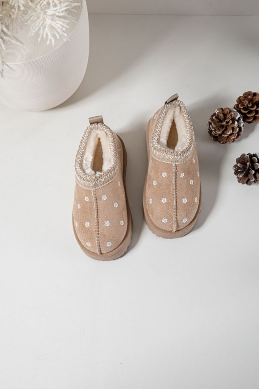 Sněhule Dětské Z s květinovými motivyuszkami zateplené s kožešinou uvnitř béžové Palina