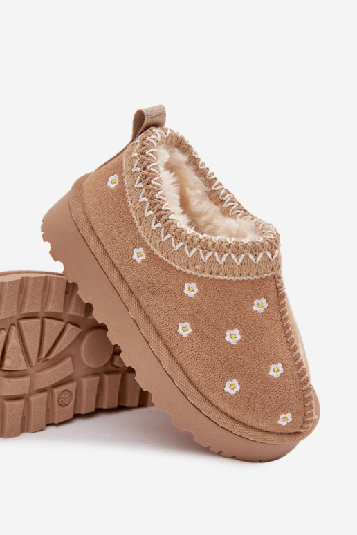 Sněhule Dětské Z s květinovými motivyuszkami zateplené s kožešinou uvnitř béžové Palina