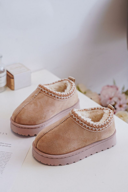 Sněhule Dřeváky Dětské s platformou zateplené s kožešinou uvnitř béžové Vilabria