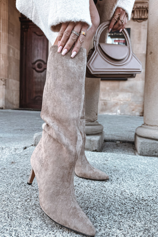 dámské dlouhé boty Slip-on vzor zateplené s tenkými podpatky béžové Olivienne