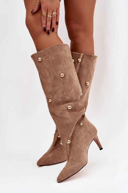 Slip-on vzor dámské dlouhé boty s tenkými podpatky Ze zlaté barvymi Ozdobami béžové Thaliane