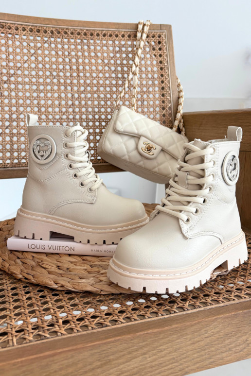 Dřeváky Dětské zateplené s kožešinou uvnitř s ornamenty LOVE béžové Rosaira