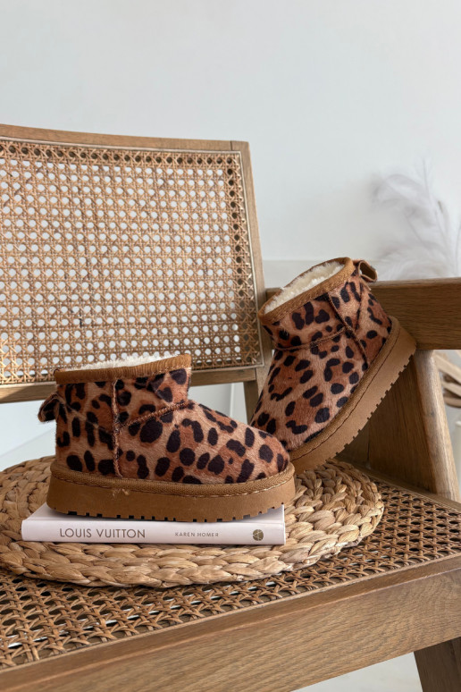 Sněhule Dětské  zateplené s kožešinou uvnitř se vzory leopardí kožešiny hnědá Mireya