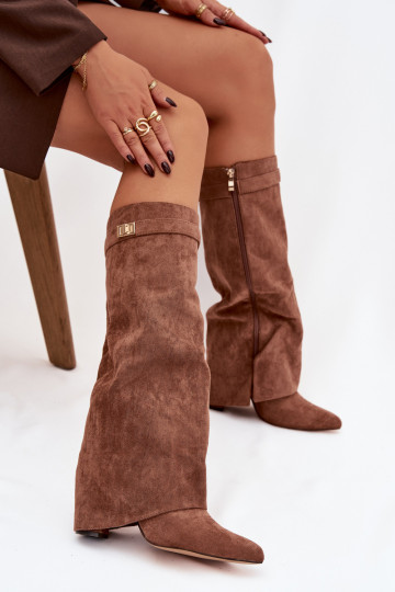 dlouhé boty z eko semišeowe Obcas Słupek  zateplené Wywinięta Cholewka béžové Evyra