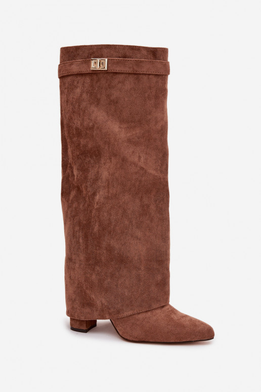 dlouhé boty z eko semišeowe Obcas Słupek  zateplené Wywinięta Cholewka béžové Evyra