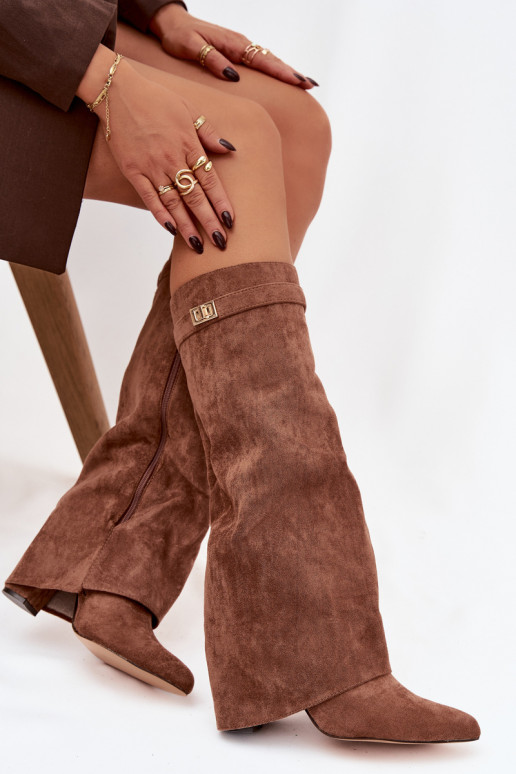 dlouhé boty z eko semišeowe Obcas Słupek  zateplené Wywinięta Cholewka béžové Evyra