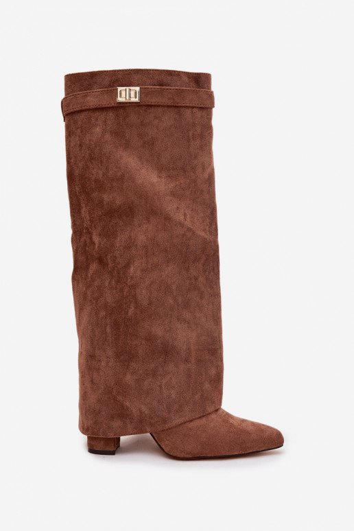 dlouhé boty z eko semišeowe Obcas Słupek  zateplené Wywinięta Cholewka béžové Evyra