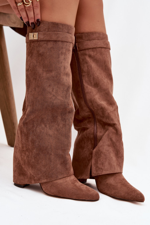 dlouhé boty z eko semišeowe Obcas Słupek  zateplené Wywinięta Cholewka béžové Evyra