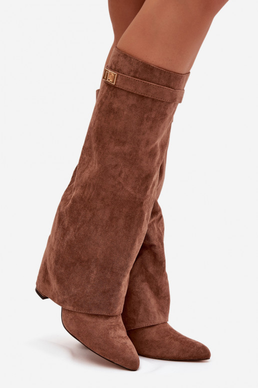 dlouhé boty z eko semišeowe Obcas Słupek  zateplené Wywinięta Cholewka béžové Evyra