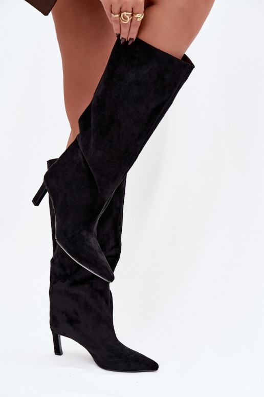 dámské dlouhé boty Z z eko semišeu Slip-on vzor s tenkými podpatky Černé Phelin