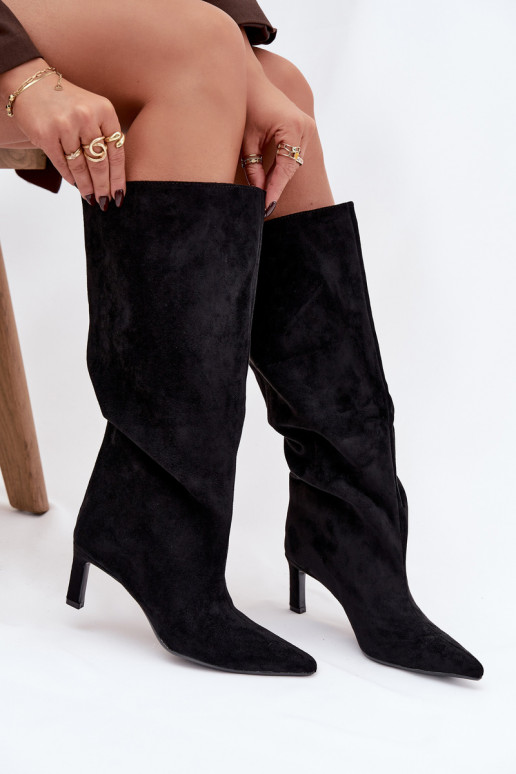 dámské dlouhé boty Z z eko semišeu Slip-on vzor s tenkými podpatky Černé Phelin