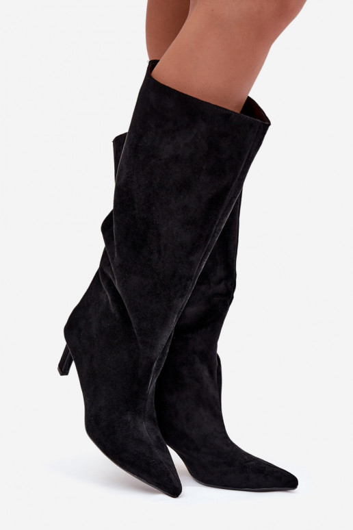 dámské dlouhé boty Z z eko semišeu Slip-on vzor s tenkými podpatky Černé Phelin