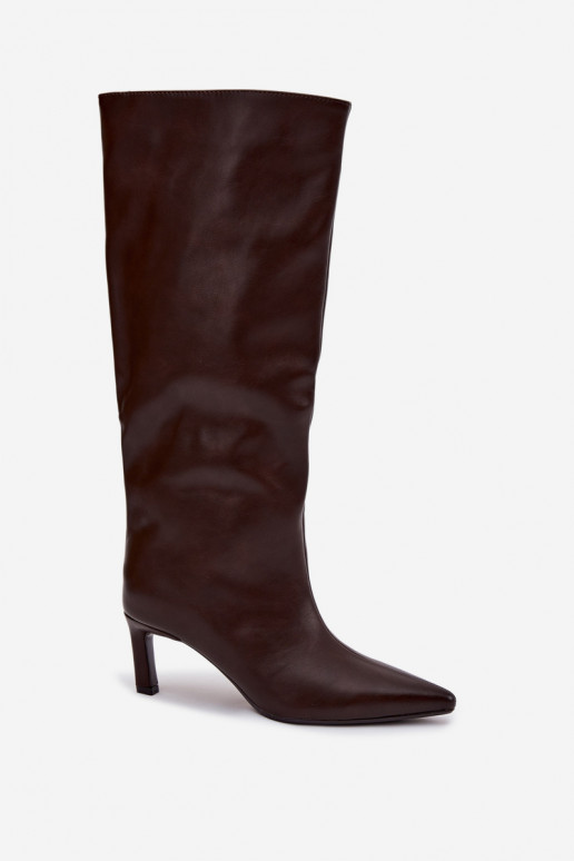 dámské dlouhé boty Slip-on vzor s tenkými podpatky  Czekoladowe Olyvia