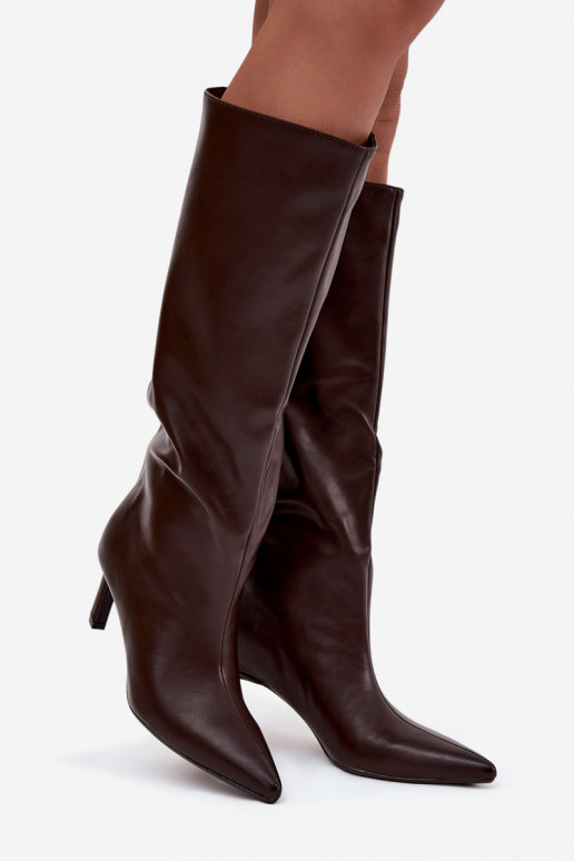 dámské dlouhé boty Slip-on vzor s tenkými podpatky  Czekoladowe Olyvia