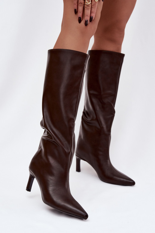 dámské dlouhé boty Slip-on vzor s tenkými podpatky  Czekoladowe Olyvia