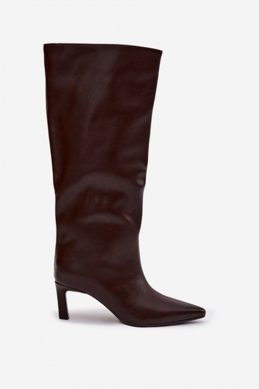 dámské dlouhé boty Slip-on vzor s tenkými podpatky  Czekoladowe Olyvia