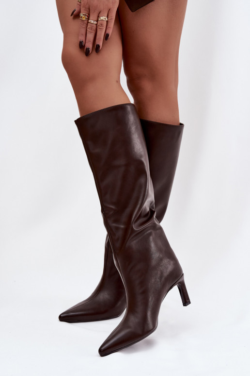 dámské dlouhé boty Slip-on vzor s tenkými podpatky  Czekoladowe Olyvia