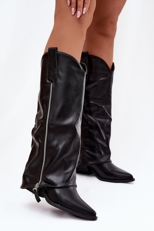 dlouhé boty kovbojský styl s podpatky z ekologické kůže Černé Palira