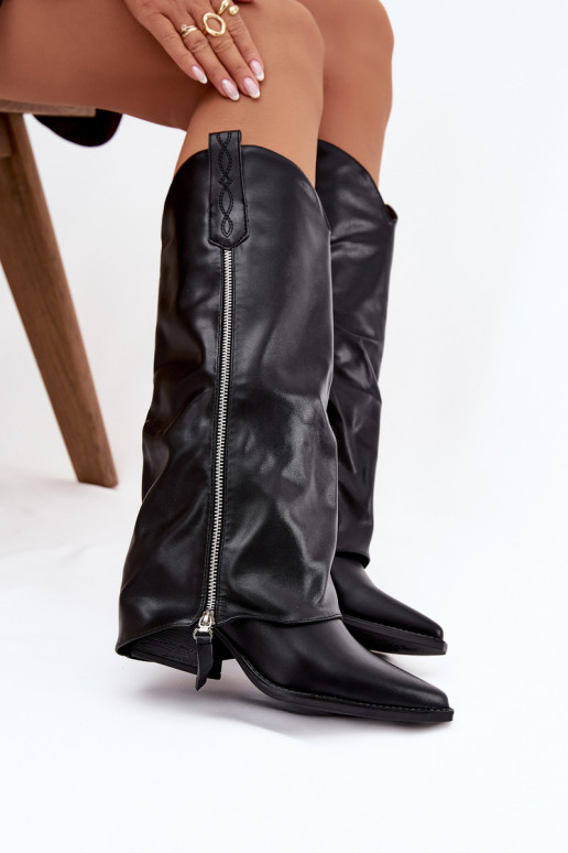 dlouhé boty kovbojský styl s podpatky z ekologické kůže Černé Palira