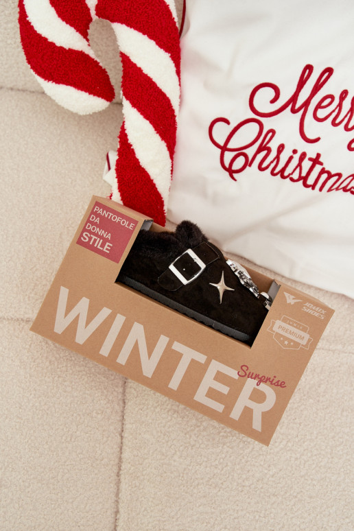 Pantofle  s pěknými detaily I s přezkami zateplené s kožešinou uvnitř Černé Thalora