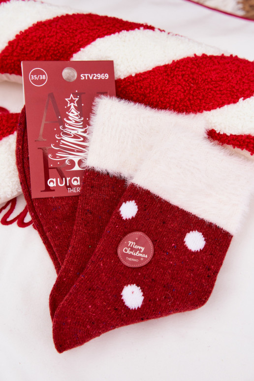Ponožky  Vánoce s kožešinou I Kropkami Wełna s alpakami červené