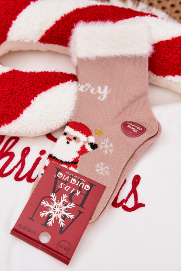 Slavnostní ponožky Dětské s kožešinou I Santa Clausem Wełna s alpakami béžové 2