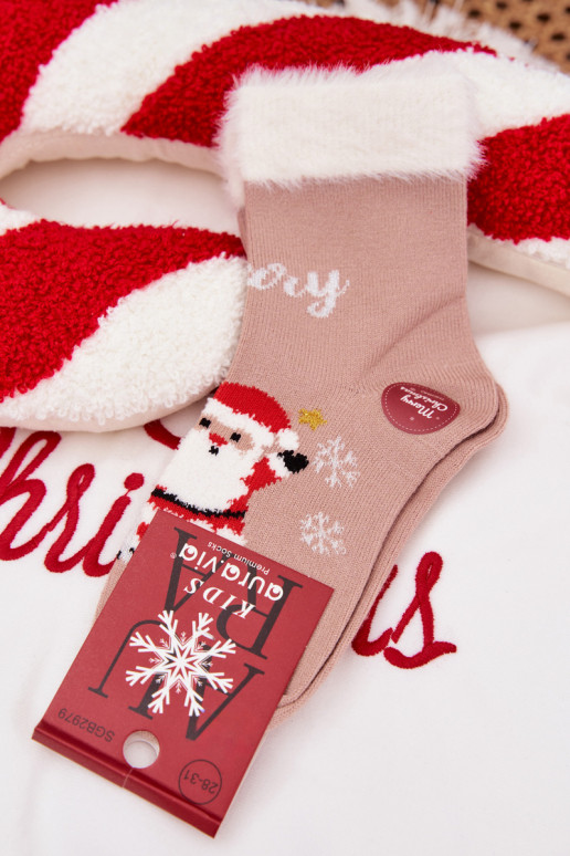 Slavnostní ponožky Dětské s kožešinou I Santa Clausem Wełna s alpakami béžové